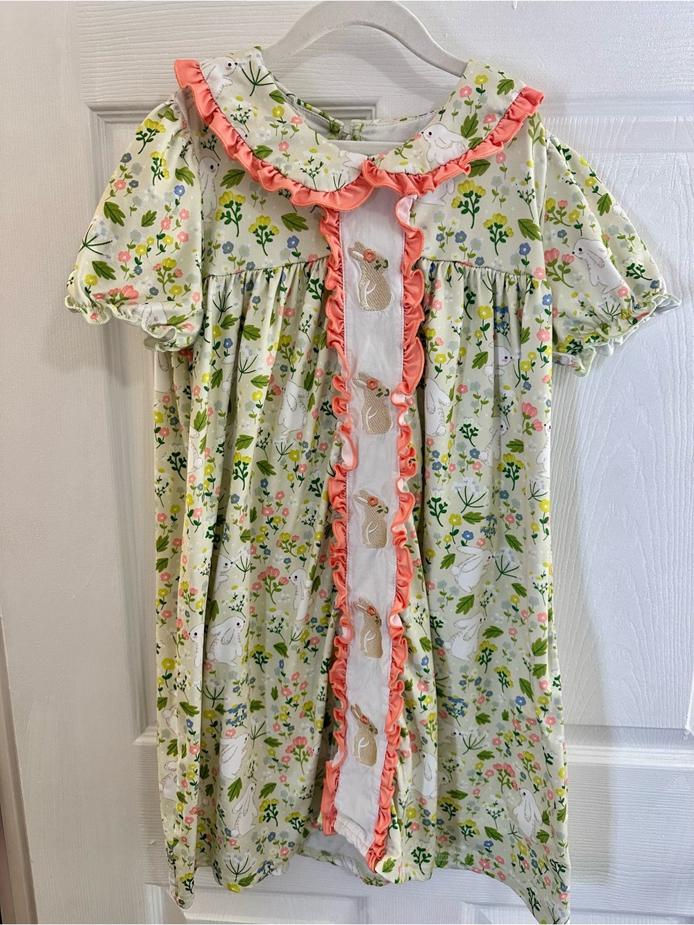 Girls Smocked Floral Bunny Ruffle Dress with Coral Ruffle Trim Size 10/12 Easter